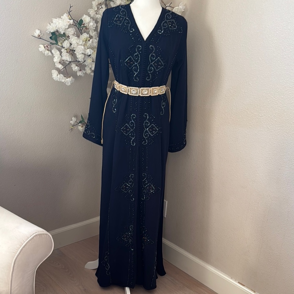Elegant Navy Maxi Dress with Gold Accents